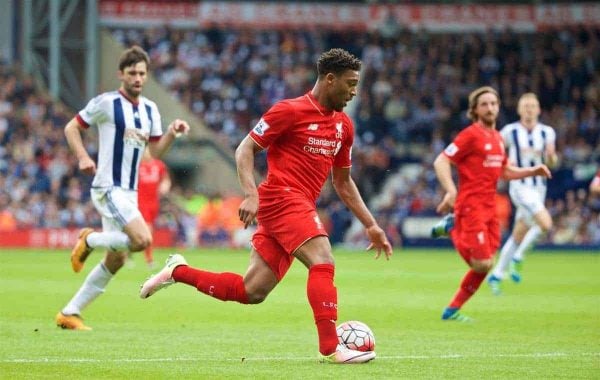 WEST BROMWICH, ENGLAND - Sunday, May 15, 2016: Liverpool's Jordon Ibe on his way to scoring the first equalising goal West Bromwich Albion to level the score at 1-1 during the final Premier League match of the season at the Hawthorns. (Pic by David Rawcliffe/Propaganda)