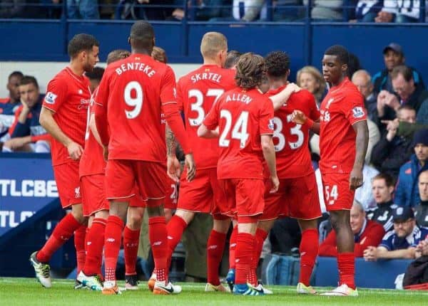 WEST BROMWICH, ENGLAND - Sunday, May 15, 2016: Liverpool's Jordon Ibe celebrates scoring the first equalising goal West Bromwich Albion to level the score at 1-1 during the final Premier League match of the season at the Hawthorns. (Pic by David Rawcliffe/Propaganda)