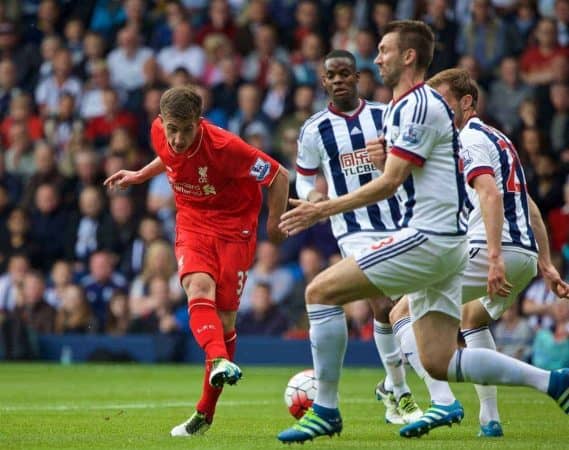 WEST BROMWICH, ENGLAND - Sunday, May 15, 2016: Liverpool's Cameron Brannagan in action against West Bromwich Albion during the final Premier League match of the season at the Hawthorns. (Pic by David Rawcliffe/Propaganda)