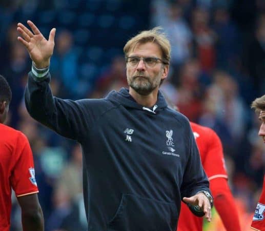 WEST BROMWICH, ENGLAND - Sunday, May 15, 2016: Liverpool's manager Jürgen Klopp waves to the supporters after the 1-1 draw against West Bromwich Albion during the final Premier League match of the season at the Hawthorns. (Pic by David Rawcliffe/Propaganda)