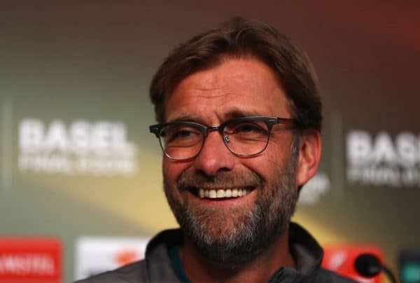 BASEL, SWITZERLAND - Tuesday, May 17, 2016: Liverpool's manager Jürgen Klopp during a press conference ahead of the UEFA Europa League Final against Sevilla FC at St-Jakobs Park. (Pic by UEFA/Pool/Propaganda)