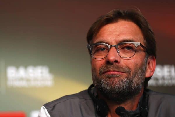 BASEL, SWITZERLAND - Tuesday, May 17, 2016: Liverpool's manager Jürgen Klopp during a press conference ahead of the UEFA Europa League Final against Sevilla FC at St-Jakobs Park. (Pic by UEFA/Pool/Propaganda)