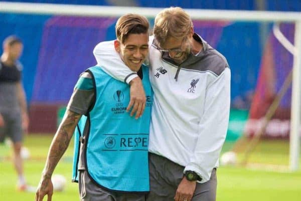 BASEL, SWITZERLAND - Tuesday, May 17, 2016: Liverpool's manager Jürgen Klopp and Roberto Firmino after a training session ahead of the UEFA Europa League Final against Sevilla FC at St-Jakobs Park. (Pic by David Rawcliffe/Propaganda)