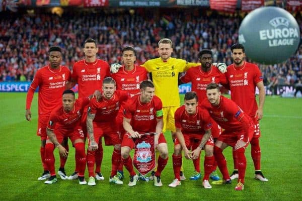 BASEL, SWITZERLAND - Wednesday, May 18, 2016: Liverpool's players line up for a team group photograph before the UEFA Europa League Final against Sevilla at St. Jakob-Park. (Pic by David Rawcliffe/Propaganda)