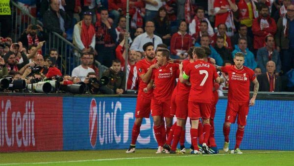 BASEL, SWITZERLAND - Wednesday, May 18, 2016: Liverpool's Daniel Sturridge celebrates scoring the first goal against Sevilla during the UEFA Europa League Final at St. Jakob-Park. (Pic by David Rawcliffe/Propaganda)