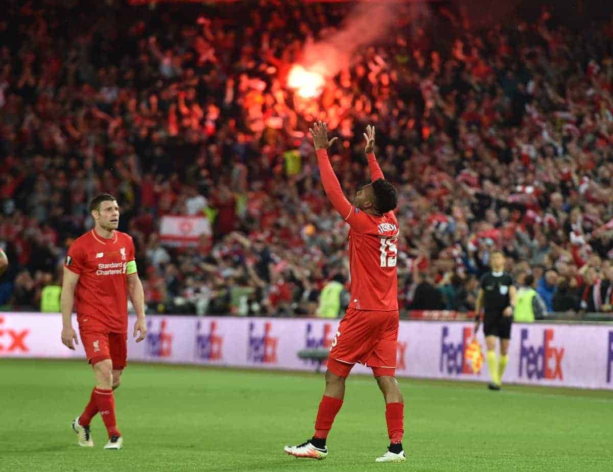 BASEL, SWITZERLAND - Wednesday, May 18, 2016: Liverpool's Daniel Sturridge celebrates scoring the first goal against Sevilla during the UEFA Europa League Final at St. Jakob-Park. (Pic by David Rawcliffe/Propaganda)
