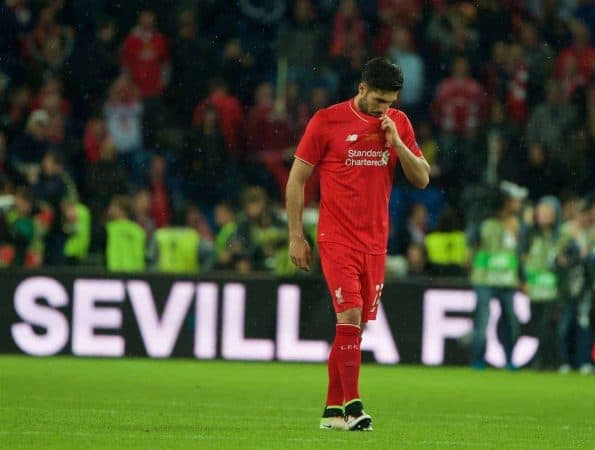 BASEL, SWITZERLAND - Wednesday, May 18, 2016: Liverpool's Emre Can looks dejected as Sevilla win 3-1 during the UEFA Europa League Final at St. Jakob-Park. (Pic by David Rawcliffe/Propaganda)