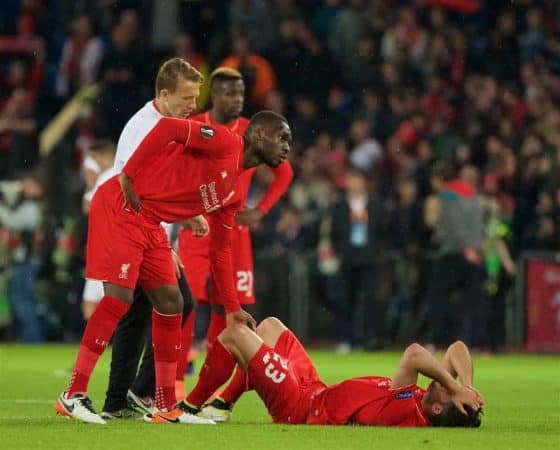 BASEL, SWITZERLAND - Wednesday, May 18, 2016: Liverpool's Christian Benteke and Emre Can look dejected as Sevilla win 3-1 during the UEFA Europa League Final at St. Jakob-Park. (Pic by David Rawcliffe/Propaganda)