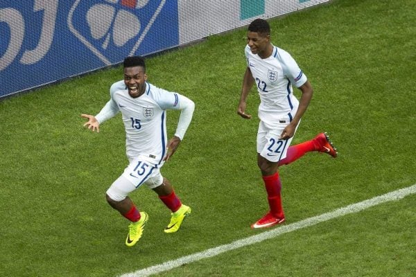 LENS, FRANCE - Thursday, June 16, 2016: England's Daniel Sturridge celebrates scoring his sides second goal against Wales during the UEFA Euro 2016 Championship Group B match at the Stade Bollaert-Delelis. (Pic by Paul Greenwood/Propaganda)