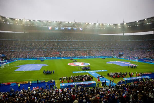 PARIS, FRANCE - Sunday, July 3, 2016: Giant France and Iceland shirts on the pitch before the UEFA Euro 2016 Championship Semi-Final match at the Stade de France. (Pic by Paul Greenwood/Propaganda)