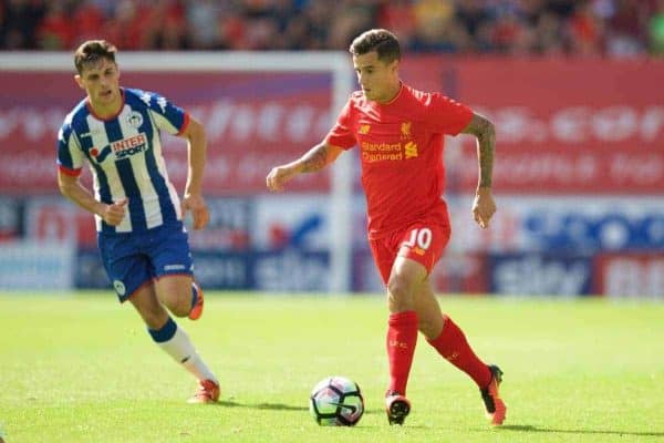 WIGAN, ENGLAND - Sunday, July 17, 2016: Liverpool's Philippe Coutinho Correia in action against Wigan Athletic during a pre-season friendly match at the DW Stadium. (Pic by David Rawcliffe/Propaganda)