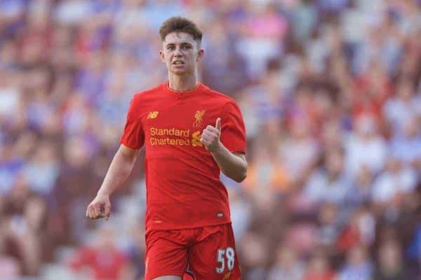 WIGAN, ENGLAND - Sunday, July 17, 2016: Liverpool's Ben Woodburn celebrates scoring the second goal against Wigan Athletic during a pre-season friendly match at the DW Stadium. (Pic by David Rawcliffe/Propaganda)