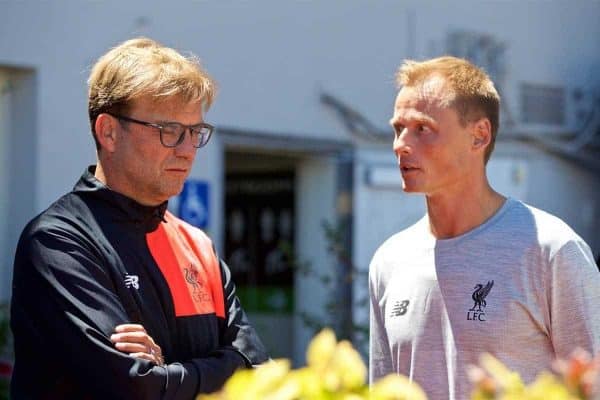 SAN FRANCISCO, USA - Thursday, July 21, 2016: Liverpool's manager Jürgen Klopp and new goalkeeper Alex Manninger wait as the team takes a cruise to Alcatraz Island from Pier 33 to visit the prison on day one of the club's USA Pre-season Tour. (Pic by David Rawcliffe/Propaganda)