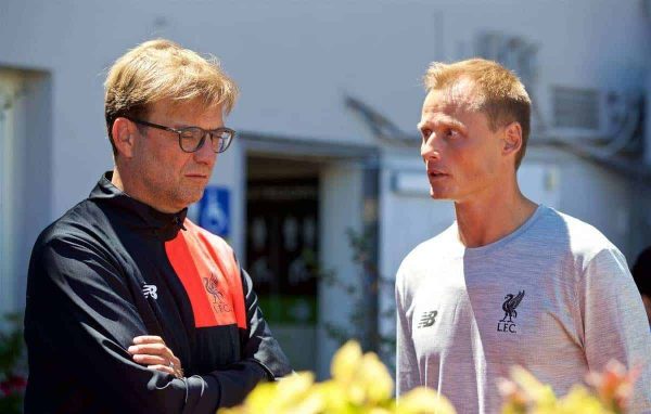 SAN FRANCISCO, USA - Thursday, July 21, 2016: Liverpool's manager Jürgen Klopp and new goalkeeper Alex Manninger wait as the team takes a cruise to Alcatraz Island from Pier 33 to visit the prison on day one of the club's USA Pre-season Tour. (Pic by David Rawcliffe/Propaganda)