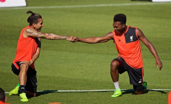 STANFORD, USA - Saturday, July 23, 2016: Liverpool's Daniel Sturridge and Roberto Firmino during a training session in the Laird Q. Cagan Stadium at Stanford University on day one of the club's USA Pre-season Tour. (Pic by David Rawcliffe/Propaganda)