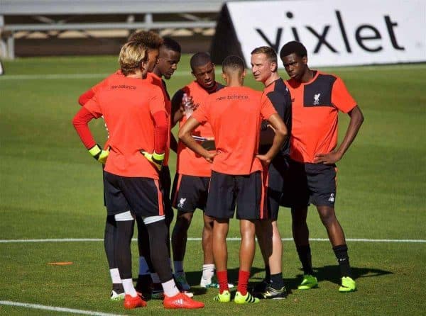 STANFORD, USA - Saturday, July 23, 2016: Liverpool's first-team development coach Pepijn Lijnders with Georginio Wijnaldum and Oviemuno Ejaria during a training session in the Laird Q. Cagan Stadium at Stanford University on day one of the club's USA Pre-season Tour. (Pic by David Rawcliffe/Propaganda)