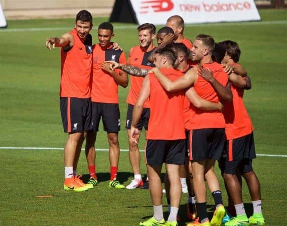 STANFORD, USA - Saturday, July 23, 2016: Liverpool's Marko Grujic, Trent Alexander-Arnold and Adam Lallana during a training session in the Laird Q. Cagan Stadium at Stanford University on day one of the club's USA Pre-season Tour. (Pic by David Rawcliffe/Propaganda)