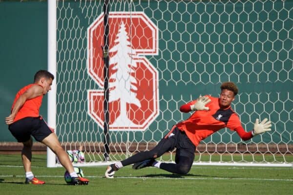 STANFORD, USA - Saturday, July 23, 2016: Liverpool's Philippe Coutinho Coreia and goalkeeper Shamal George during a training session in the Laird Q. Cagan Stadium at Stanford University on day one of the club's USA Pre-season Tour. (Pic by David Rawcliffe/Propaganda)