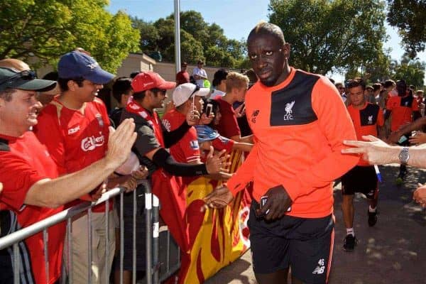 STANFORD, USA - Sunday, July 24, 2016: Liverpool's Mamadou Sakho arrives for training session in the Laird Q. Cagan Stadium at Stanford University on day four of the club's USA Pre-season Tour. (Pic by David Rawcliffe/Propaganda)
