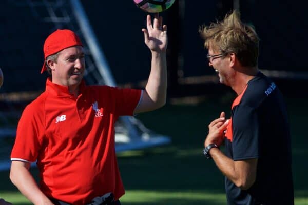 STANFORD, USA - Sunday, July 24, 2016: Liverpool's Robbie Fowler and manager Jürgen Klopp during a training session in the Laird Q. Cagan Stadium at Stanford University on day four of the club's USA Pre-season Tour. (Pic by David Rawcliffe/Propaganda)