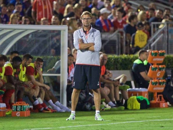 PASADENA, USA - Wednesday, July 27, 2016: Liverpool's manager Jürgen Klopp during the International Champions Cup 2016 game against Chelsea on day seven of the club's USA Pre-season Tour at the Rose Bowl. (Pic by David Rawcliffe/Propaganda)