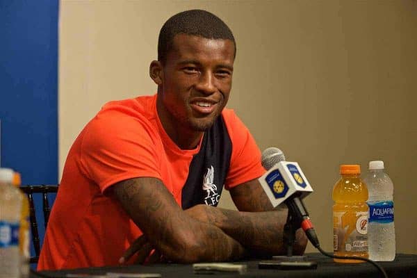 SANTA CLARA, USA - Friday, July 29, 2016: Liverpool's Georginio Wijnaldum during a press conference ahead of the International Champions Cup 2016 game against AC Milan on day nine of the club's USA Pre-season Tour at the Levi's Stadium. (Pic by David Rawcliffe/Propaganda)