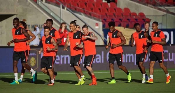 SANTA CLARA, USA - Friday, July 29, 2016: Liverpool's Christian Benteke, Philippe Coutinho Correia, Roberto Firmino, Alberto Moreno, Daniel Sturridge, Georginio Wijnaldum and Nathaniel Clyne during a training session ahead of the International Champions Cup 2016 game against AC Milan on day nine of the club's USA Pre-season Tour at the Levi's Stadium. (Pic by David Rawcliffe/Propaganda)