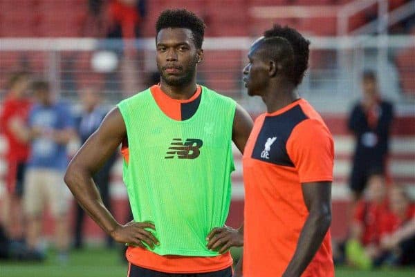 SANTA CLARA, USA - Friday, July 29, 2016: Liverpool's Daniel Sturridge and Sadio Mane during a training session ahead of the International Champions Cup 2016 game against AC Milan on day nine of the club's USA Pre-season Tour at the Levi's Stadium. (Pic by David Rawcliffe/Propaganda)