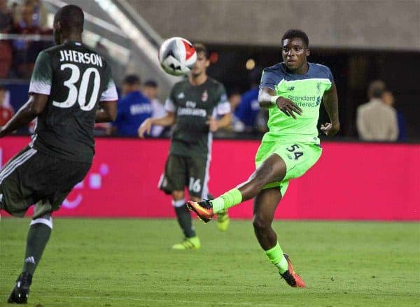 SANTA CLARA, USA - Saturday, July 30, 2016: Liverpool's Sheyi Ojo in action against AC Milan during the International Champions Cup 2016 game on day ten of the club's USA Pre-season Tour at the Levi's Stadium. (Pic by David Rawcliffe/Propaganda)