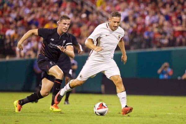 ST. LOUIS, USA - Monday, August 1, 2016: Liverpool's captain Jordan Henderson in action against AS Roma's captain Francesco Totti during a pre-season friendly game on day twelve of the club's USA Pre-season Tour at the Busch Stadium. (Pic by David Rawcliffe/Propaganda)