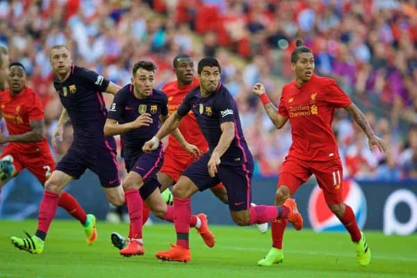 LONDON, ENGLAND - Saturday, August 6, 2016: Barcelona's Luis Suárez in action against Liverpool during the International Champions Cup match at Wembley Stadium. (Pic by David Rawcliffe/Propaganda)