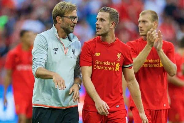 LONDON, ENGLAND - Saturday, August 6, 2016: Liverpool's manager Jürgen Klopp and captain Jordan Henderson after the 4-0 victory over FC Barcelona during the International Champions Cup match at Wembley Stadium. (Pic by David Rawcliffe/Propaganda)