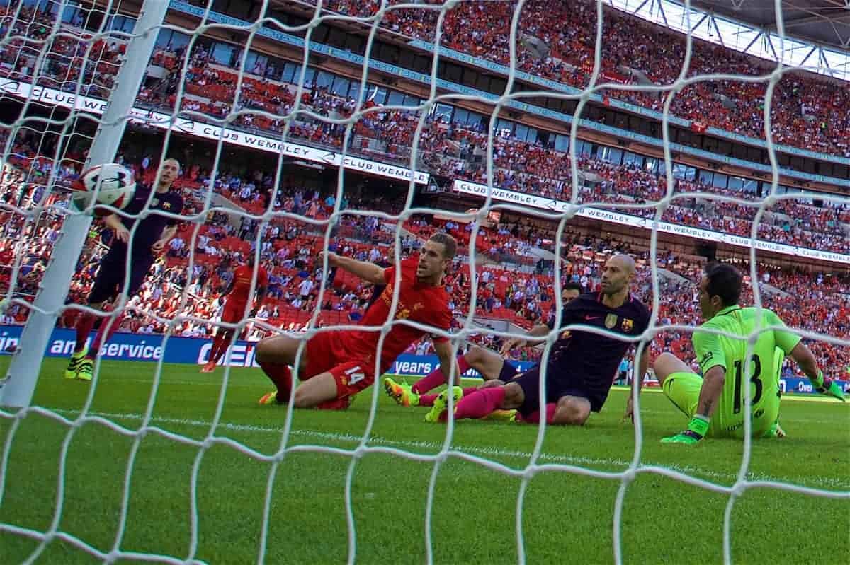 LONDON, ENGLAND - Saturday, August 6, 2016: Liverpool's captain Jordan Henderson scores the second goal against Barcelona during the International Champions Cup match at Wembley Stadium. (Pic by David Rawcliffe/Propaganda)