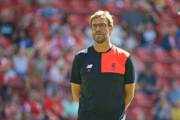 MAINZ, GERMANY - Sunday, August 7, 2016: Liverpool's manager Jürgen Klopp watches his side warm-up as he returns to former club FSV Mainz 05 for a pre-season friendly match at the Opel Arena. (Pic by David Rawcliffe/Propaganda)