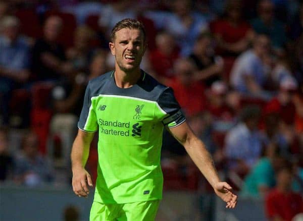 MAINZ, GERMANY - Sunday, August 7, 2016: Liverpool's captain Jordan Henderson in action against FSV Mainz 05 during a pre-season friendly match at the Opel Arena. (Pic by David Rawcliffe/Propaganda)