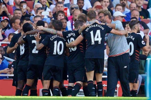 LONDON, ENGLAND - Sunday, August 14, 2016: Liverpool players celebrates scoring the fourth goal against Arsenal with manager Jürgen Klopp during the FA Premier League match at the Emirates Stadium. (Pic by David Rawcliffe/Propaganda)