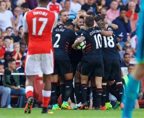 LONDON, ENGLAND - Sunday, August 14, 2016: Liverpool's Adam Lallana celebrates scoring the second goal against Arsenal with team-mates during the FA Premier League match at the Emirates Stadium. (Pic by David Rawcliffe/Propaganda)