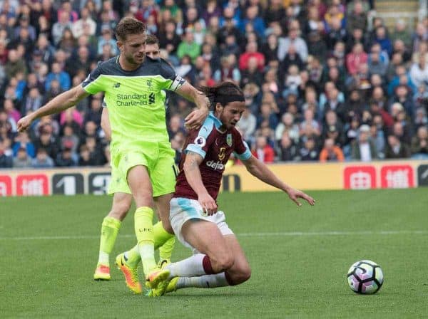 BURNLEY, ENGLAND - Saturday, August 20, 2016: Liverpool's Jordan Henderson of Liverpool battles for the ball with George Boyd of Burnley in action the FA Premier League match at Turf Moore. (Pic by Gavin Trafford/Propaganda)