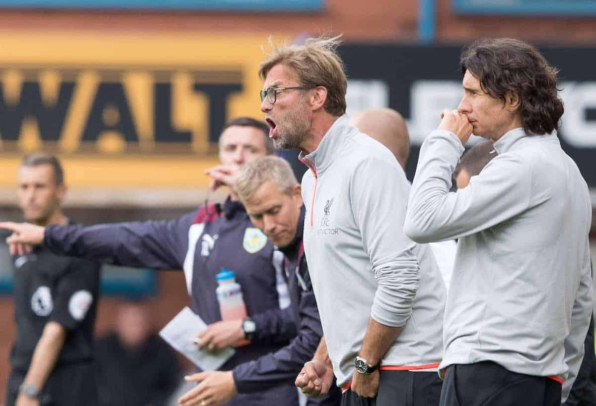 BURNLEY, ENGLAND - Saturday, August 20, 2016: Liverpool's Manager Jürgen Klopp shouts to his players during the FA Premier League match at Turf Moore. (Pic by Gavin Trafford/Propaganda)