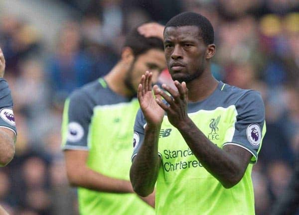 BURNLEY, ENGLAND - Saturday, August 20, 2016: Liverpool's Ragnar Klavan and Georginio Wijnaldum applauded fans at the end of the game against Burnley in the FA Premier League match at Turf Moore. (Pic by Gavin Trafford/Propaganda)