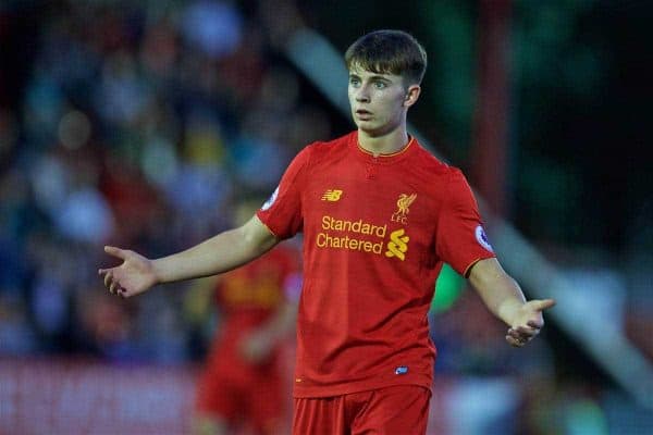 ALDERSHOT, ENGLAND - Monday, August 22, 2016: Liverpool's Ben Woodburn in action against Chelsea during the FA Premier League 2 Under-23 match at the Recreation Ground. (Pic by David Rawcliffe/Propaganda)