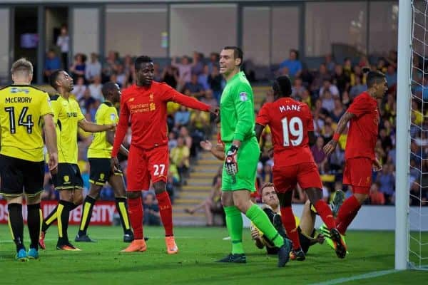 BURTON-UPON-TRENT, ENGLAND - Tuesday, August 23, 2016: Liverpool's Divock Origi celebrates scoring the first goal against Burton Albion during the Football League Cup 2nd Round match at the Pirelli Stadium. (Pic by David Rawcliffe/Propaganda)