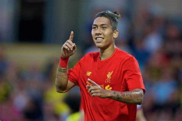 BURTON-UPON-TRENT, ENGLAND - Tuesday, August 23, 2016: Liverpool's Roberto Firmino celebrates scoring the second goal against Burton Albion during the Football League Cup 2nd Round match at the Pirelli Stadium. (Pic by David Rawcliffe/Propaganda)