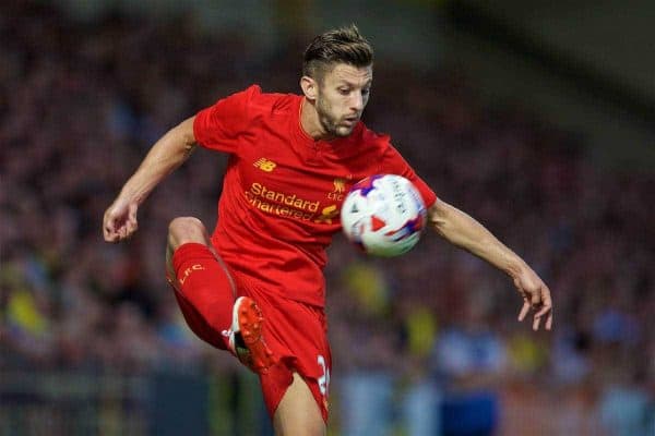 BURTON-UPON-TRENT, ENGLAND - Tuesday, August 23, 2016: Liverpool's Adam Lallana in action against Burton Albion during the Football League Cup 2nd Round match at the Pirelli Stadium. (Pic by David Rawcliffe/Propaganda)