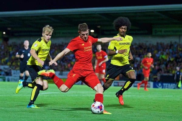 BURTON-UPON-TRENT, ENGLAND - Tuesday, August 23, 2016: Liverpool's James Milner sets-up the fourth goal against Burton Albion during the Football League Cup 2nd Round match at the Pirelli Stadium. (Pic by David Rawcliffe/Propaganda)