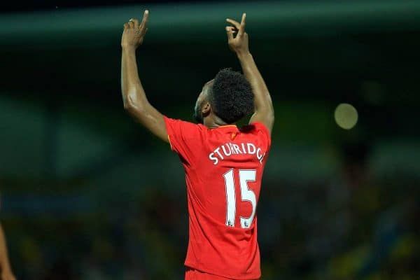 BURTON-UPON-TRENT, ENGLAND - Tuesday, August 23, 2016: Liverpool's Daniel Sturridge celebrates scoring the fourth goal against Burton Albion during the Football League Cup 2nd Round match at the Pirelli Stadium. (Pic by David Rawcliffe/Propaganda)