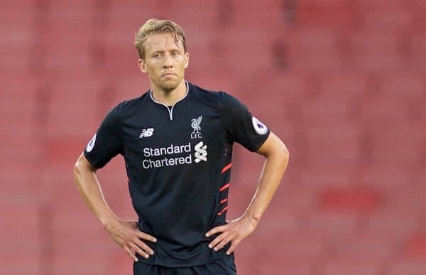 LONDON, ENGLAND - Friday, August 26, 2016: Liverpool's Lucas Leiva in action against Arsenal during the FA Premier League 2 Under-23 match at the Emirates Stadium. (Pic by David Rawcliffe/Propaganda)