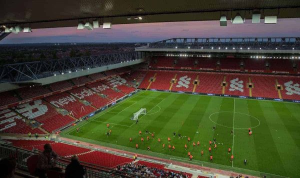 LIVERPOOL, ENGLAND - Friday, August 26, 2016: Liverpool's new Main Stand undergoes testing as supporters experience the newly rebuilt stand for the first time at Anfield. Views from the new Main Stand as Liverpool U18's train on the Anfield pitch(Pic by Gavin Trafford/Propaganda)