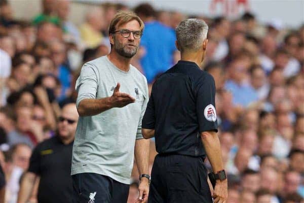 LONDON, ENGLAND - Saturday, August 27, 2016: Liverpool's manager Jürgen Klopp argues with the assistant referee during the FA Premier League match against Tottenham Hotspur at White Hart Lane. (Pic by David Rawcliffe/Propaganda)