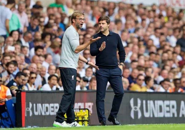 LONDON, ENGLAND - Saturday, August 27, 2016: Liverpool's manager Jürgen Klopp and Tottenham Hotspur's manager Mauricio Pochettino during the FA Premier League match at White Hart Lane. (Pic by David Rawcliffe/Propaganda)